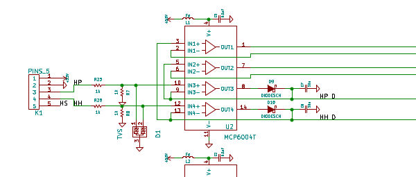 Schematic of two channels of the Drum Master rev 2 board